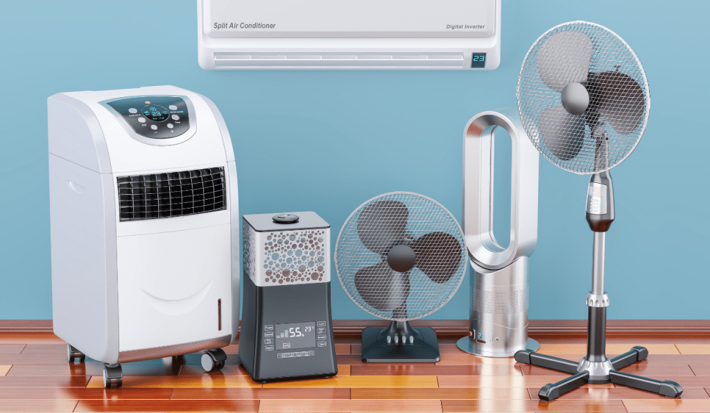 Different types of air conditioning and fans.